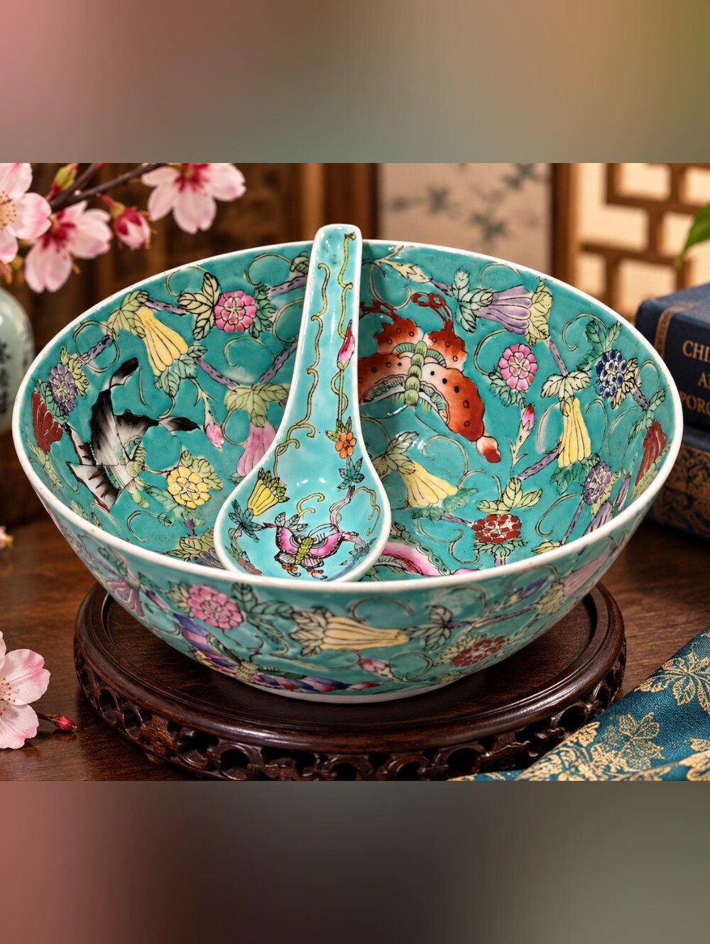 Vintage Turquoise Chinese Famille Rose Bowl & Spoon – Hand-Painted Floral & Bird
